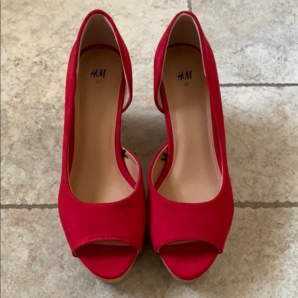 Red Peep Toe Cork Wedges